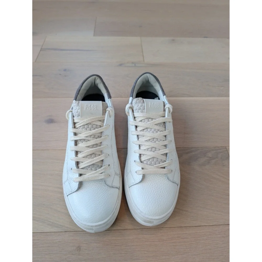 P448 John White Leather Sneakers Gray Suede Low Top US 9/EU 40